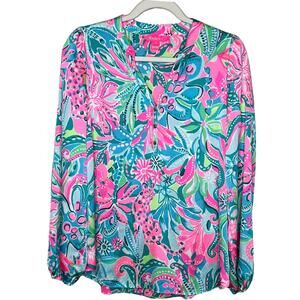 Lily Pulitzer Wo Marvelle Floral Satin Blouse Pink/turquiose Size Small